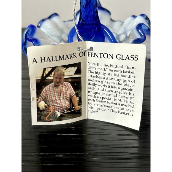 VTG Fenton Blue Opalescent Hobnail Glass Basket with Ruffled Edge New Old Stock - Picture 11 of 11